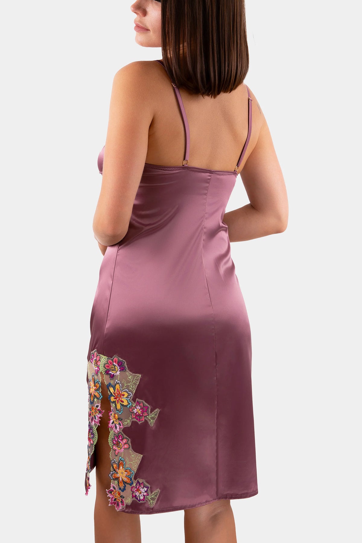 Back view of the V.I.P.A Summer Soul old rose satin slip with side slit