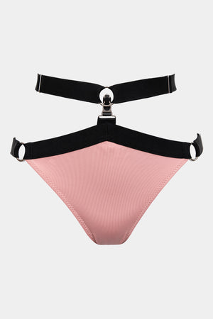A pink-colored, high-waisted swimwear with elastic straps and a decorative front.