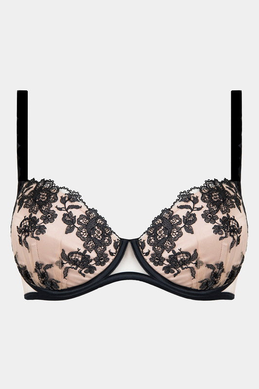 A black and beige push-up bra with floral lace detailing and adjustable satin straps.