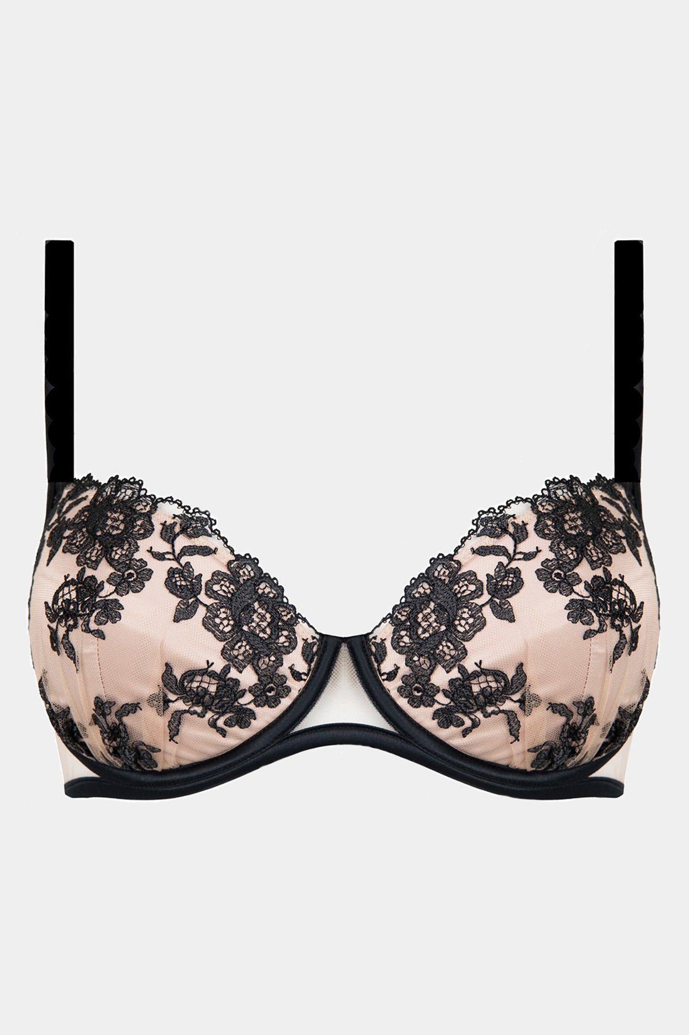A black and beige push-up bra with floral lace detailing and adjustable satin straps.