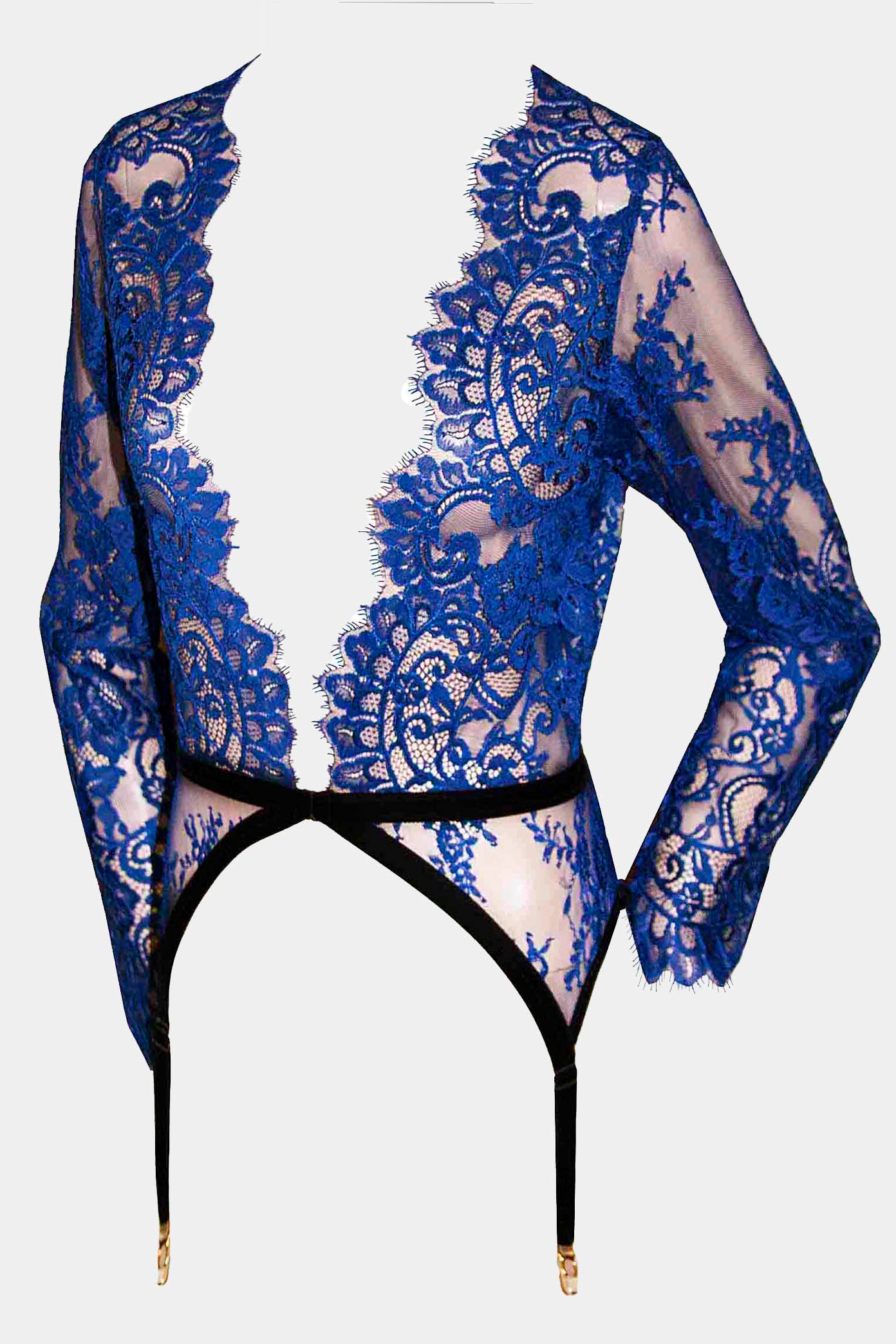 Labelia - Blue -Semi-sheer bodysuit with stocking holders