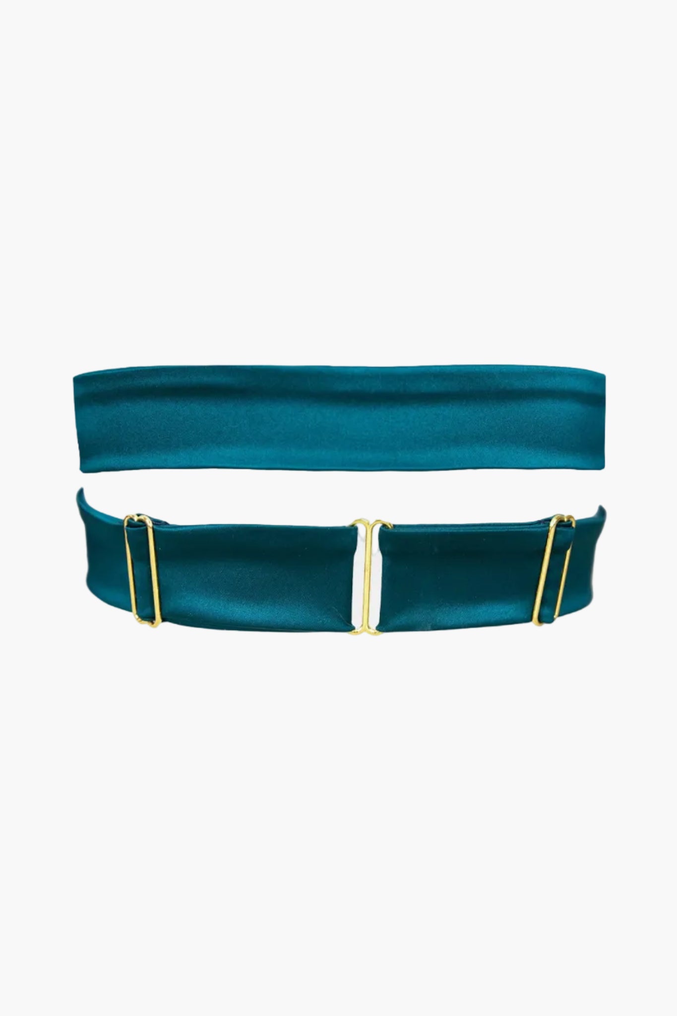 A pair of royal sapphire green garters made out of silky satin with golden sliders for length adjustment.