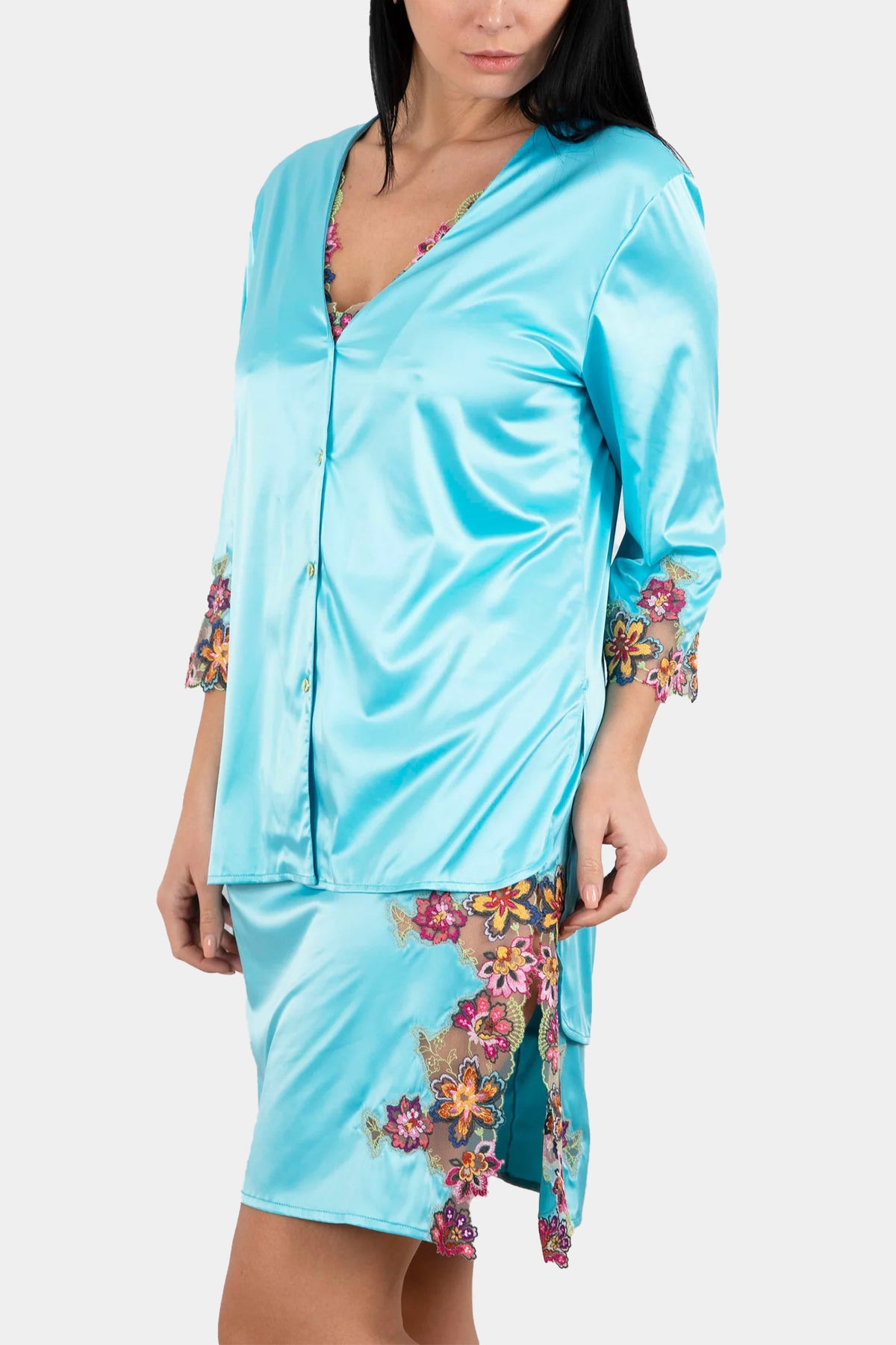 Model in the V.I.P.A Summer Soul blue nightdress with matching satin shirt