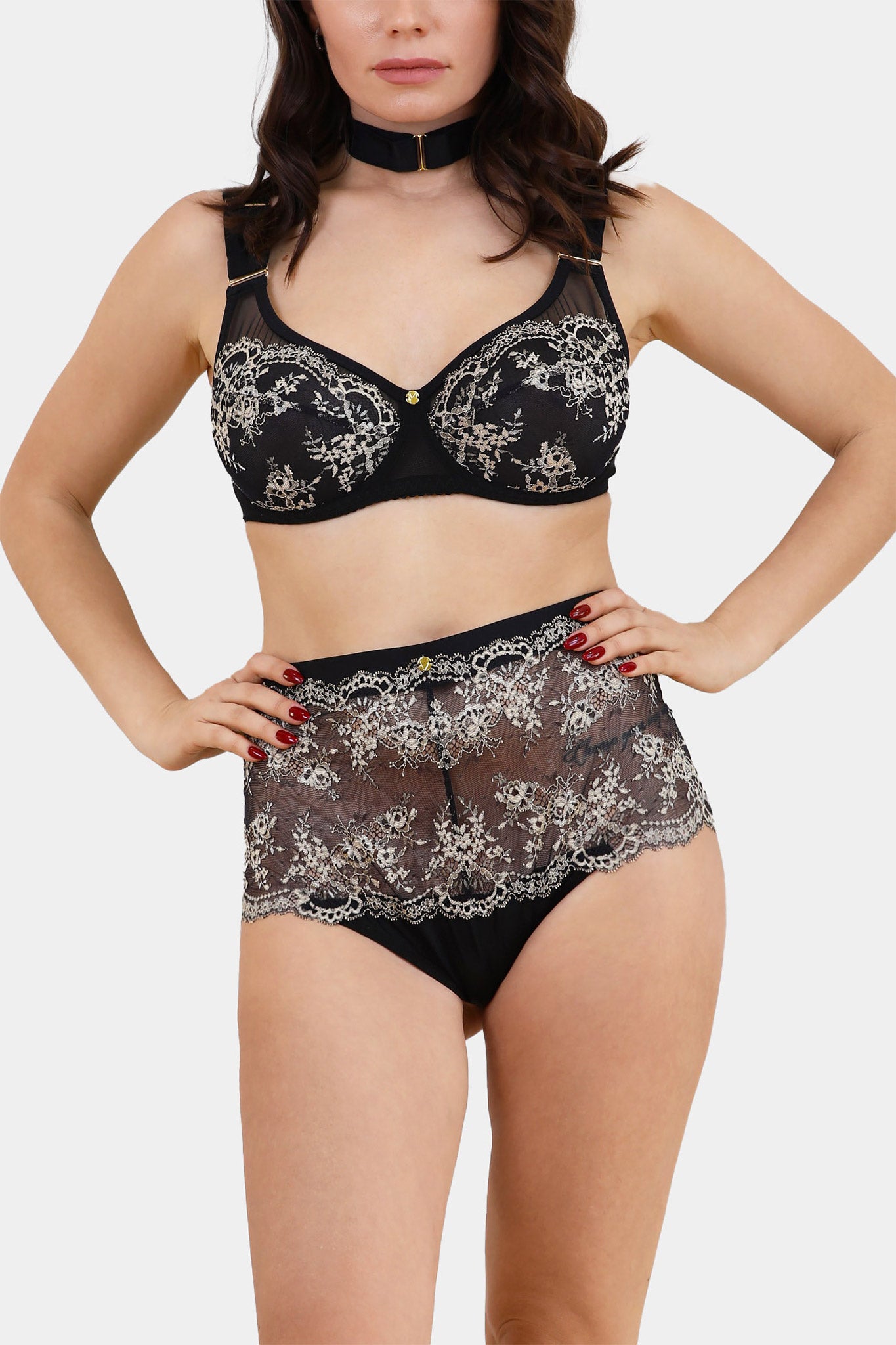 Front view of Panty Ester Black – high-waisted sheer lace panties with gold floral embroidery by V.I.P.A Lingerie