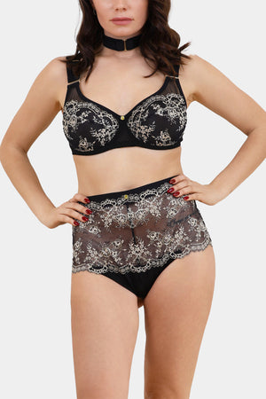 Front view of Panty Ester Black – high-waisted sheer lace panties with gold floral embroidery by V.I.P.A Lingerie