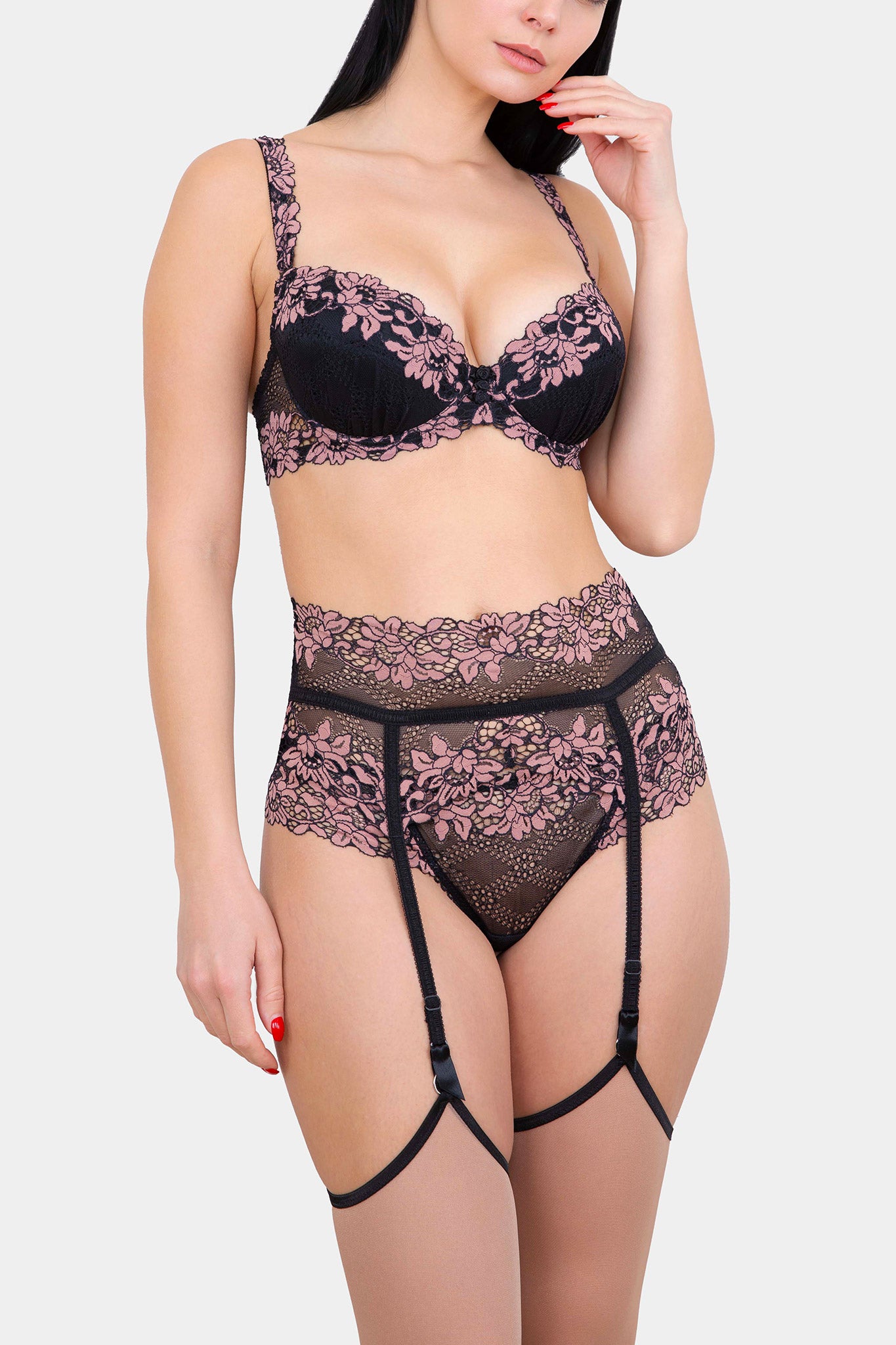 Daniella - Black/Pink - Push-up bra with removable foam pads