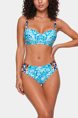 Model wearing the V.I.P.A Ocean Blue turquoise print moulded balconette bikini top