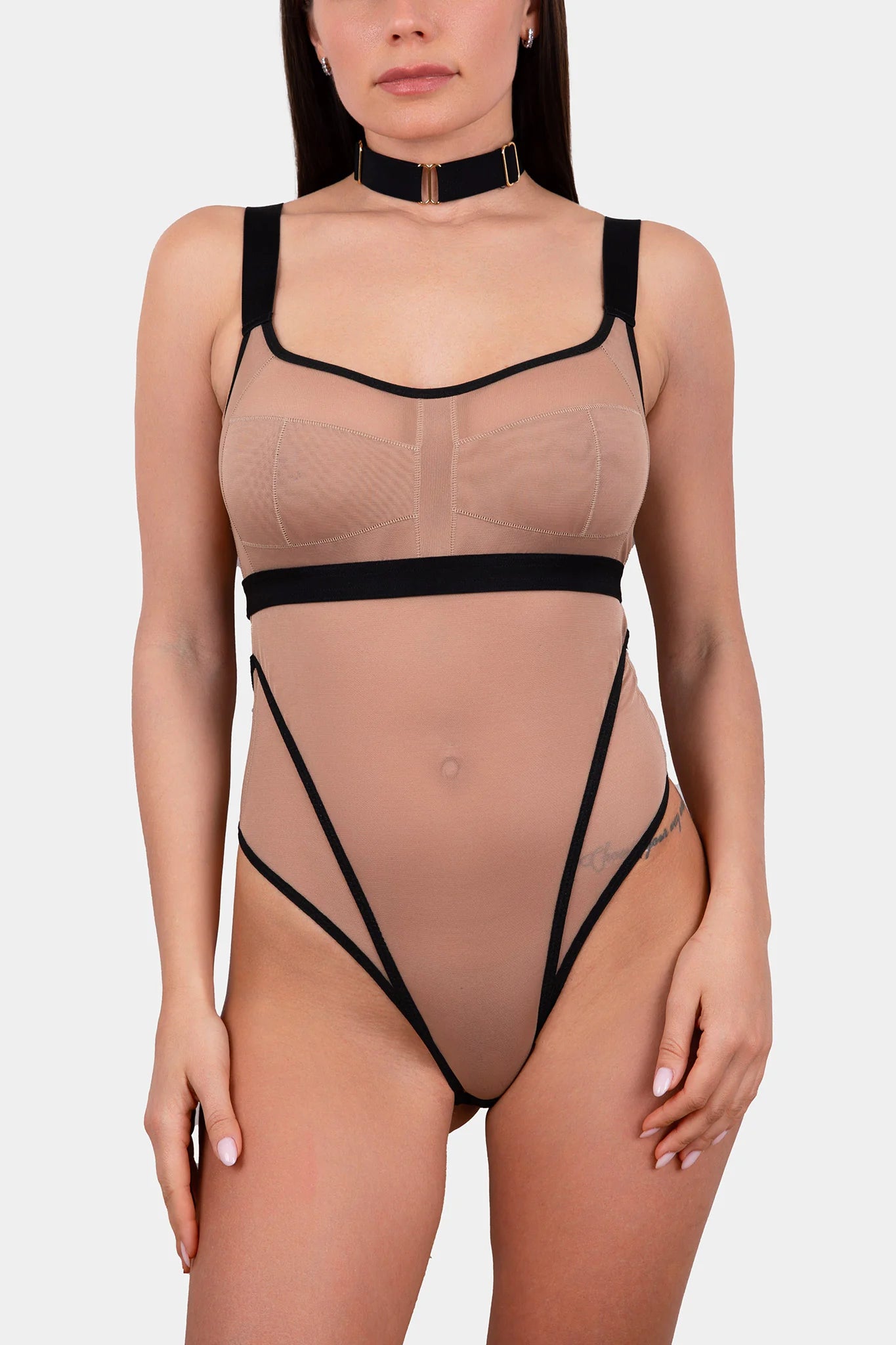 Coffee Latte - Nude/Black - Stylish bodysuit made from silky-soft mesh