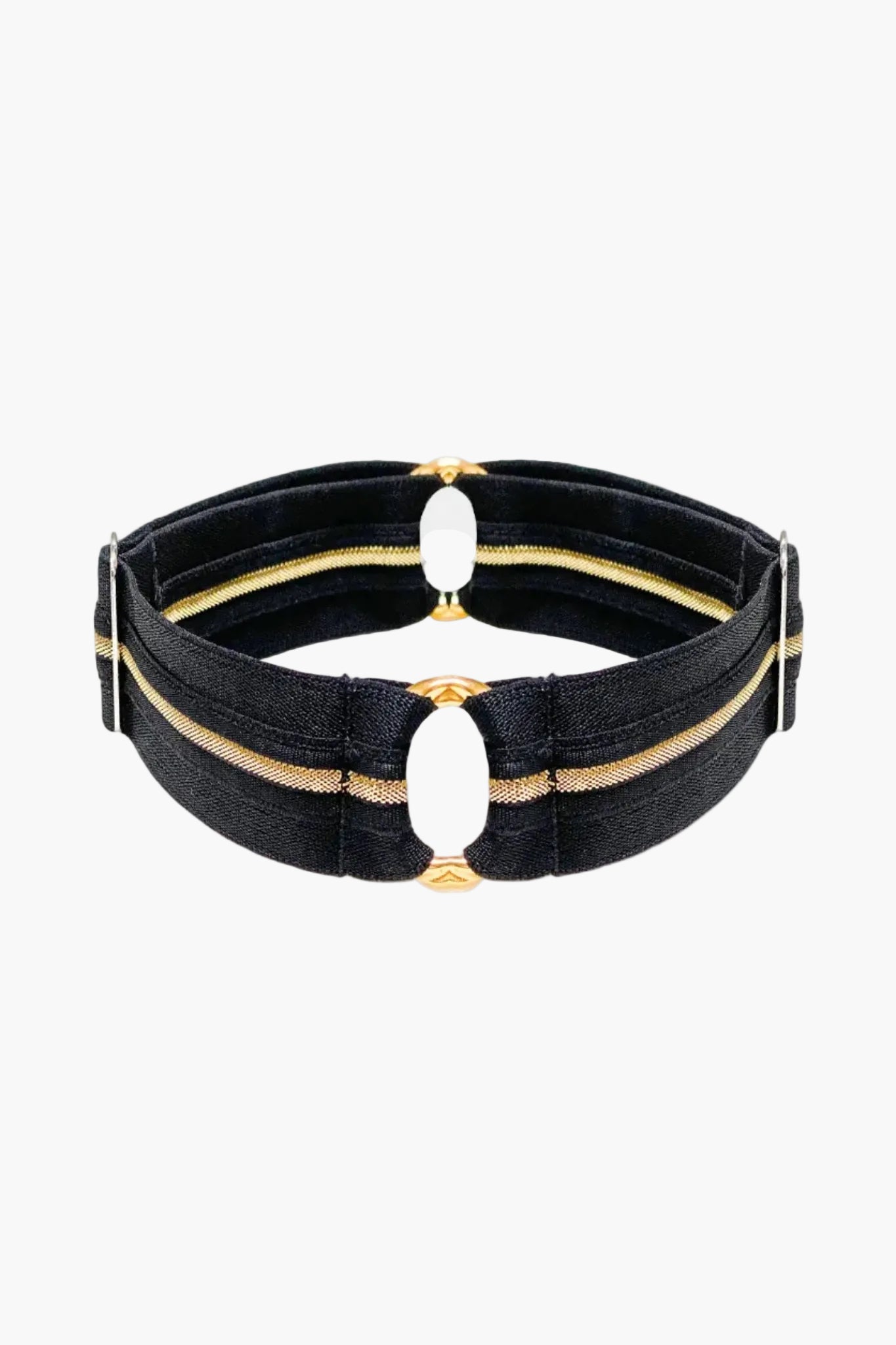 One black elastic tape garters with golden shimmer and metal loop decorations