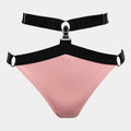 A pink-colored, high-waisted swimwear with elastic straps and a decorative front.
