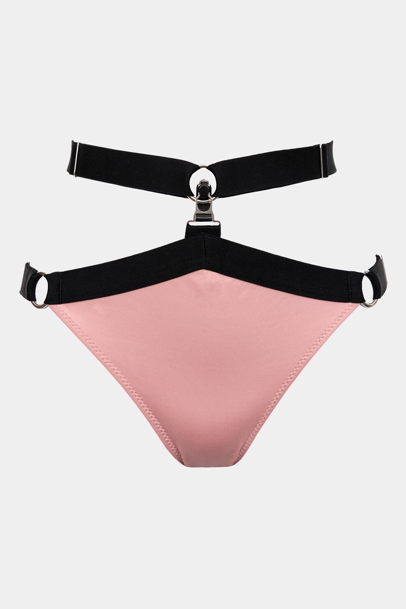 A pink-colored, high-waisted swimwear with elastic straps and a decorative front.