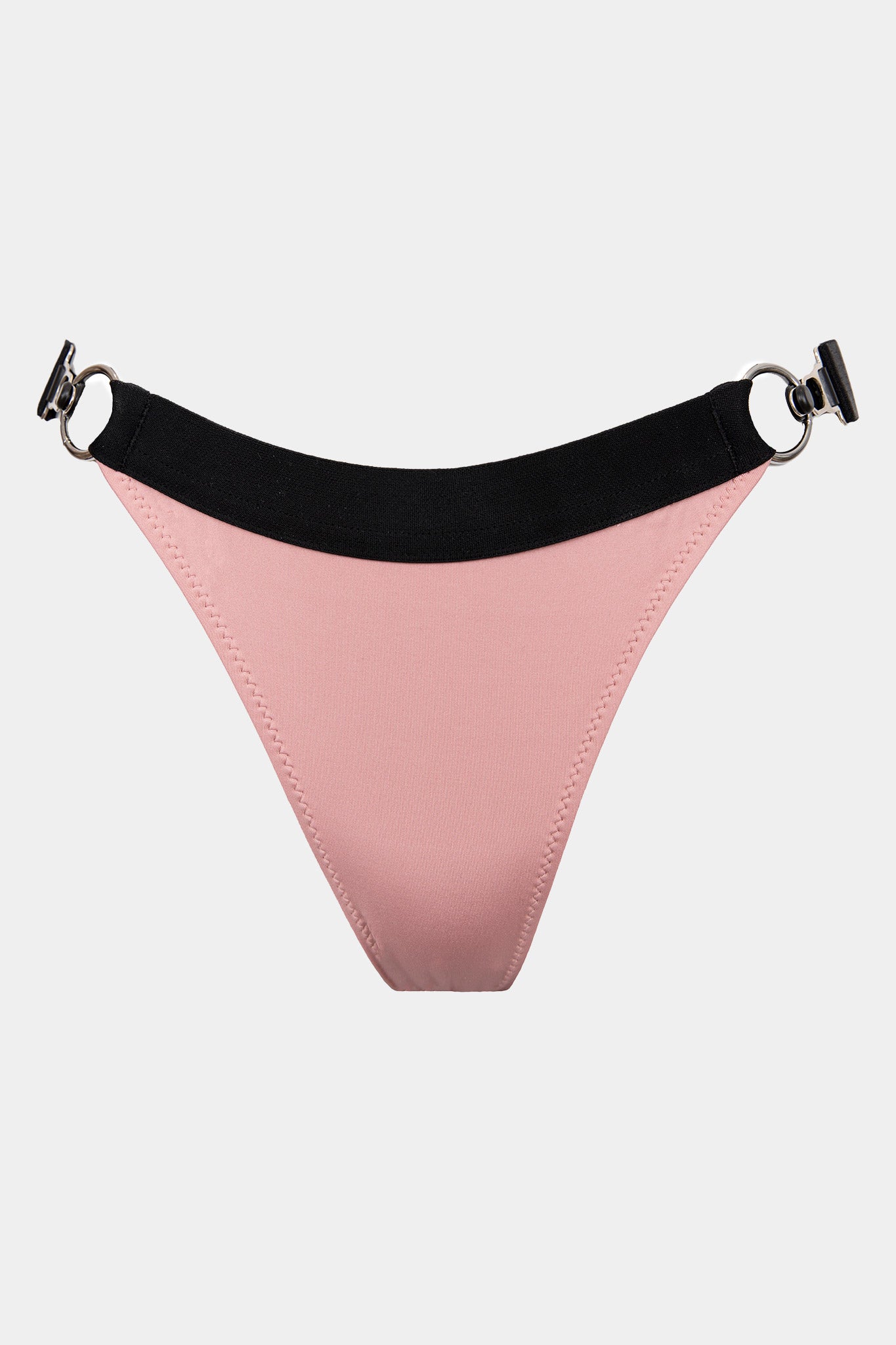 A pink bikini bottom with an adjustable elastic band and metal rings at the sides.