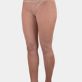 Model wearing V.I.P.A Elita beige seamed tights with lace waistband, front view