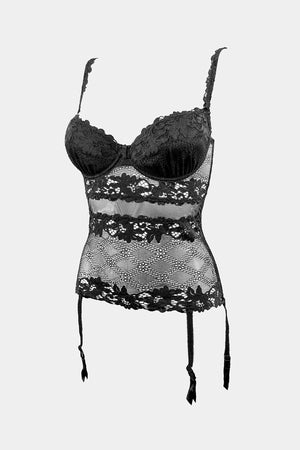 V.I.P.A Daniella black lace corset with balconette cups and suspender straps, product shot