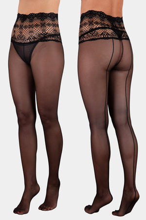V.I.P.A Elita black seamed tights with lace waistband, front and back view