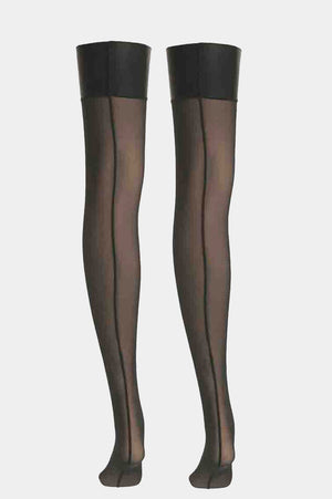 Pair of V.I.P.A Isadora black seamed stockings with satin cuffs, product shot