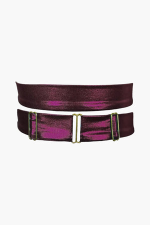 Pair of V.I.P.A Tiffany shiny plum ribbon leg garters with gold sliders, product shot