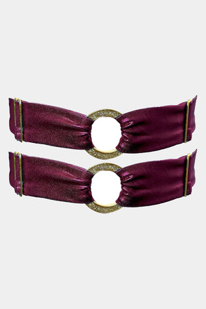 Pair of V.I.P.A Tiffany plum leg garters with Swarovski-set gold rings, product shot