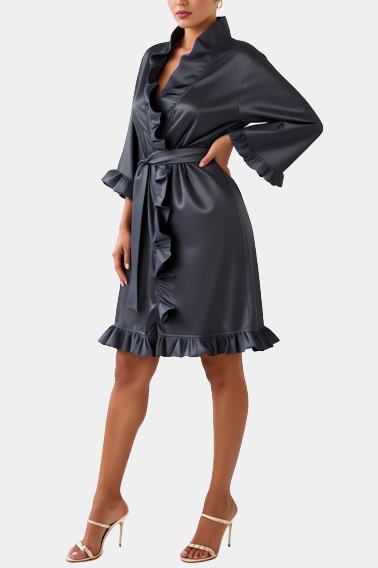 Luisa - Grey - Elastic satin kimono